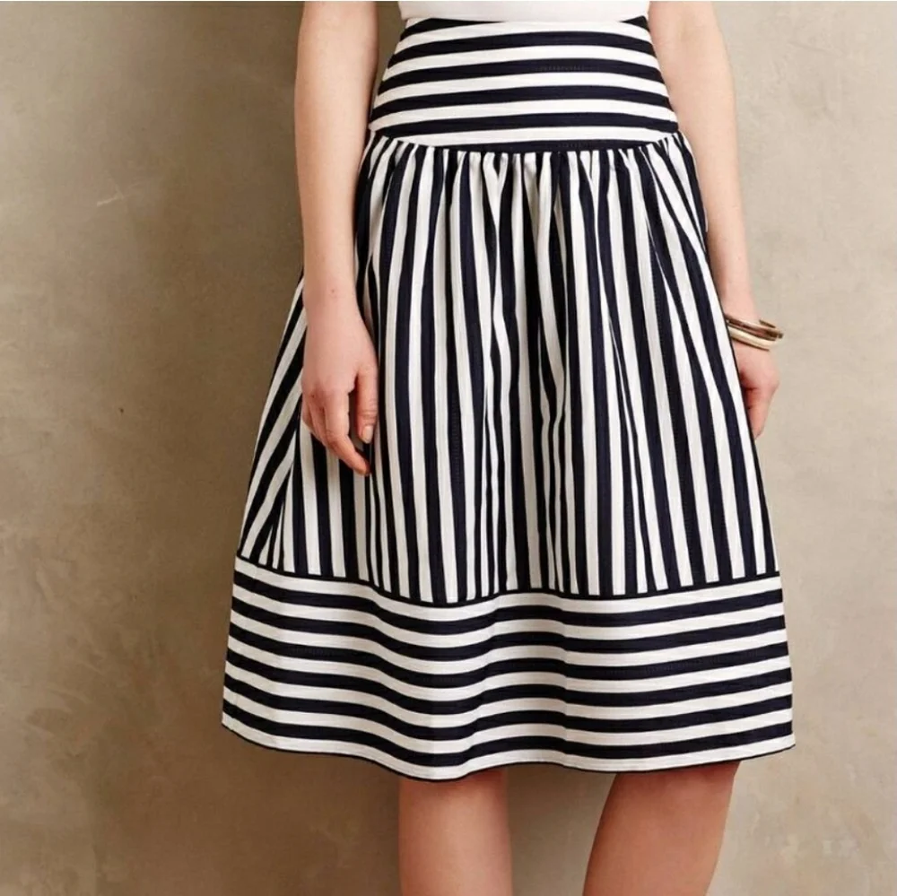 Anthropologie Maeve High Seas Blue White Striped Skirt Size Medium Full A-Line - Picture 1 of 8